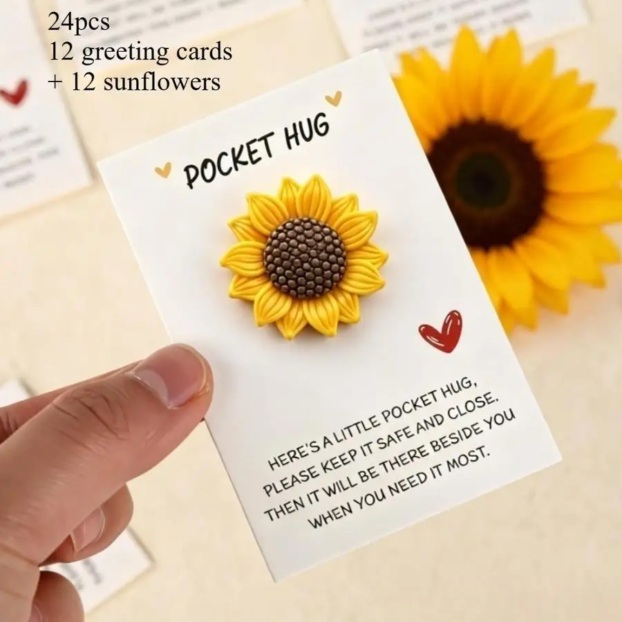 1/5/10/20/50/100pcs Optimistic Sunflower Themed Greeting Cards, Including Pocket Hug Cards, Party Invitations, Gift Support, Fri