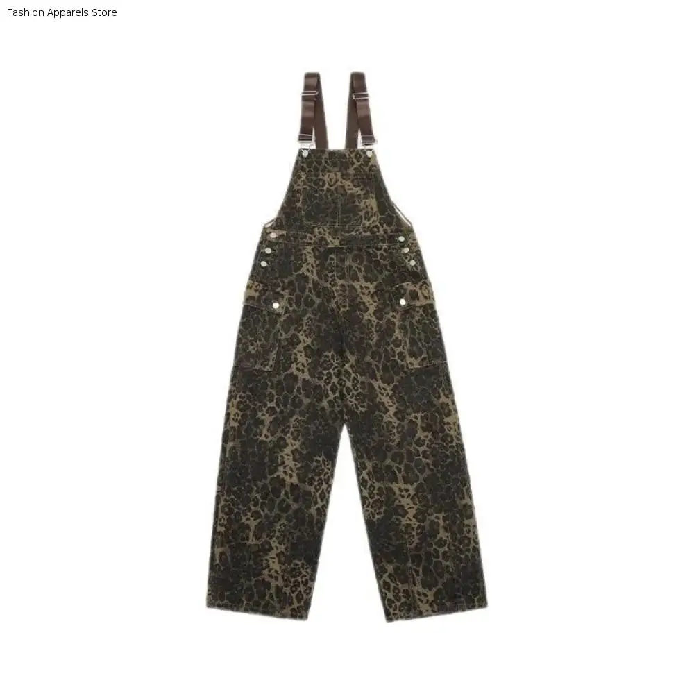 

Simple Baggy Leopard Print Overalls Wide Leg Straight Leg Rompers Women Y2k Ins Style Retro Leopard Print Pants Lady