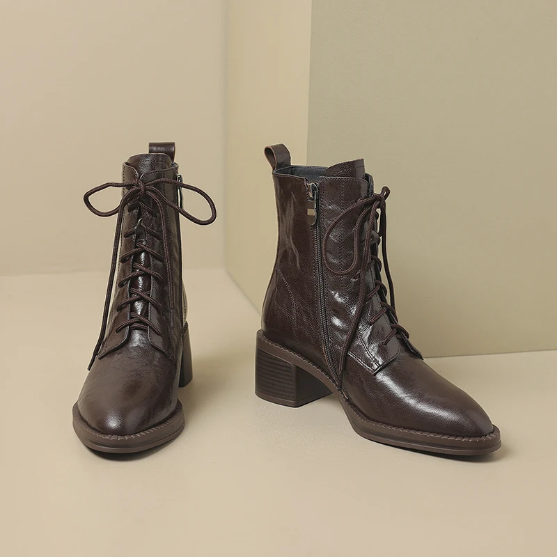 ESVEVA 2027 News Women Ankle Boots Winter Woman Genuine Leather Shoes High Heels Lace-up Autumn Motorcycle Short Boot 34-40