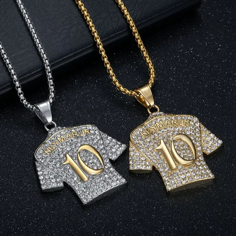 Megin D Stainless Steel Titanium Hip Hop Football T Shirt Number 10 Pendant Collar Chains Necklace for Men Women Fans Gift Jewel