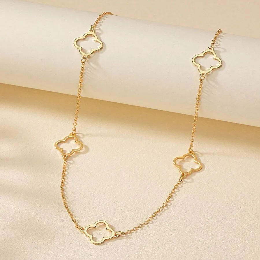 الذهب أربع أوراق البرسيم قلادة البرسيم قلادة محطة القلائد للنساء 18K مطلية بالذهب الفولاذ المقاوم للصدأ محظوظ ليف مجوهرات