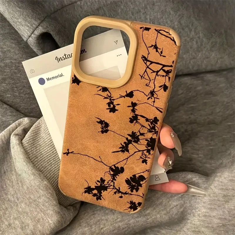 Coque de téléphone en Faux cuir à fleurs noires, étui arrière mat à la mode pour iPhone 16 15 14 13 12 11 Pro XS Max XR X 15 Plus 16 Pro Max