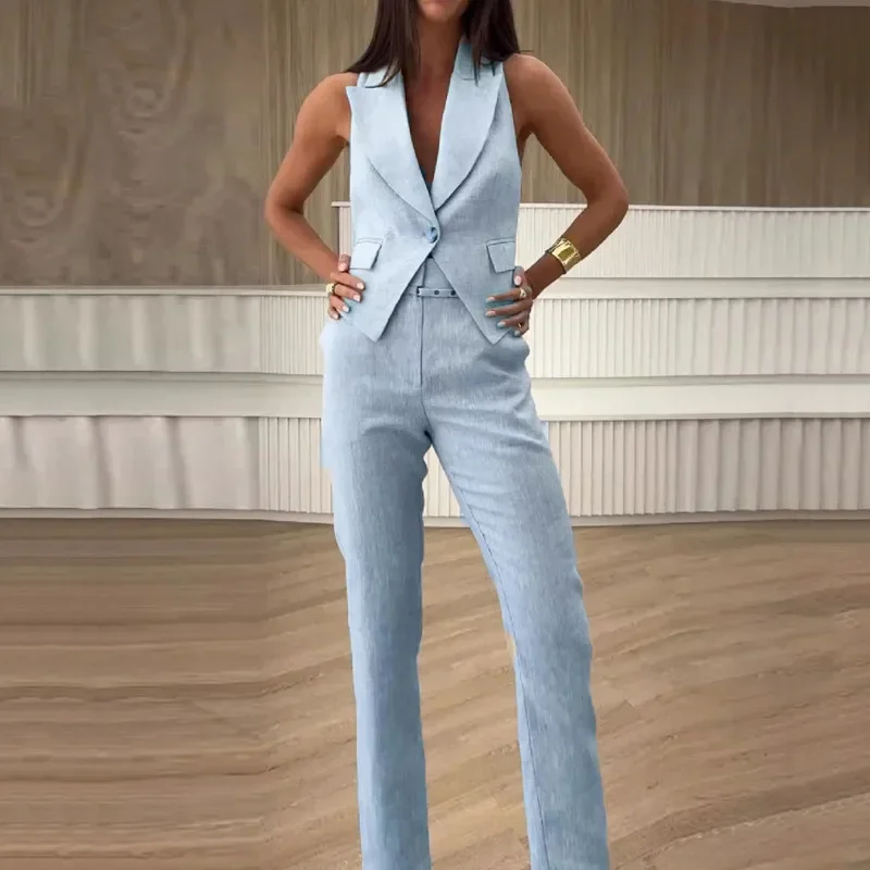 Vest Top & Cuffed Pants Set Women Elegant Pant Sets Two Piece Suit Single Breasted V Neck High Waist Trousers Suits Pockets