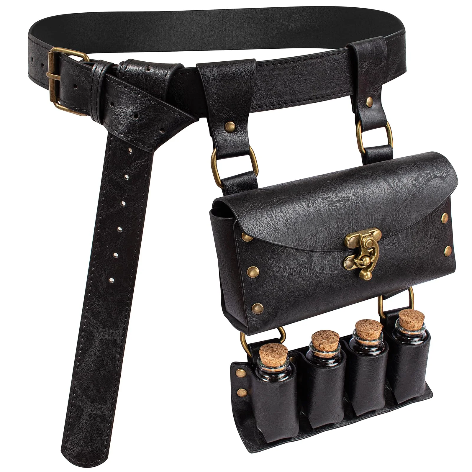 Medieval Retro Steampunk Studded Faux Leather Waist Bag for Coins and Necessities with 4 Glass Bottles for Outdoor Adventures