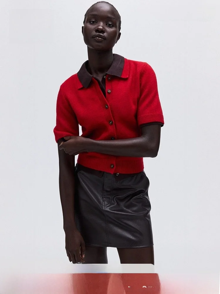 

Красный вязаный свитер-кардиган женский зимний, базовый слой, с воротником, повседневный, H&M, стандартный крой, полиэстер