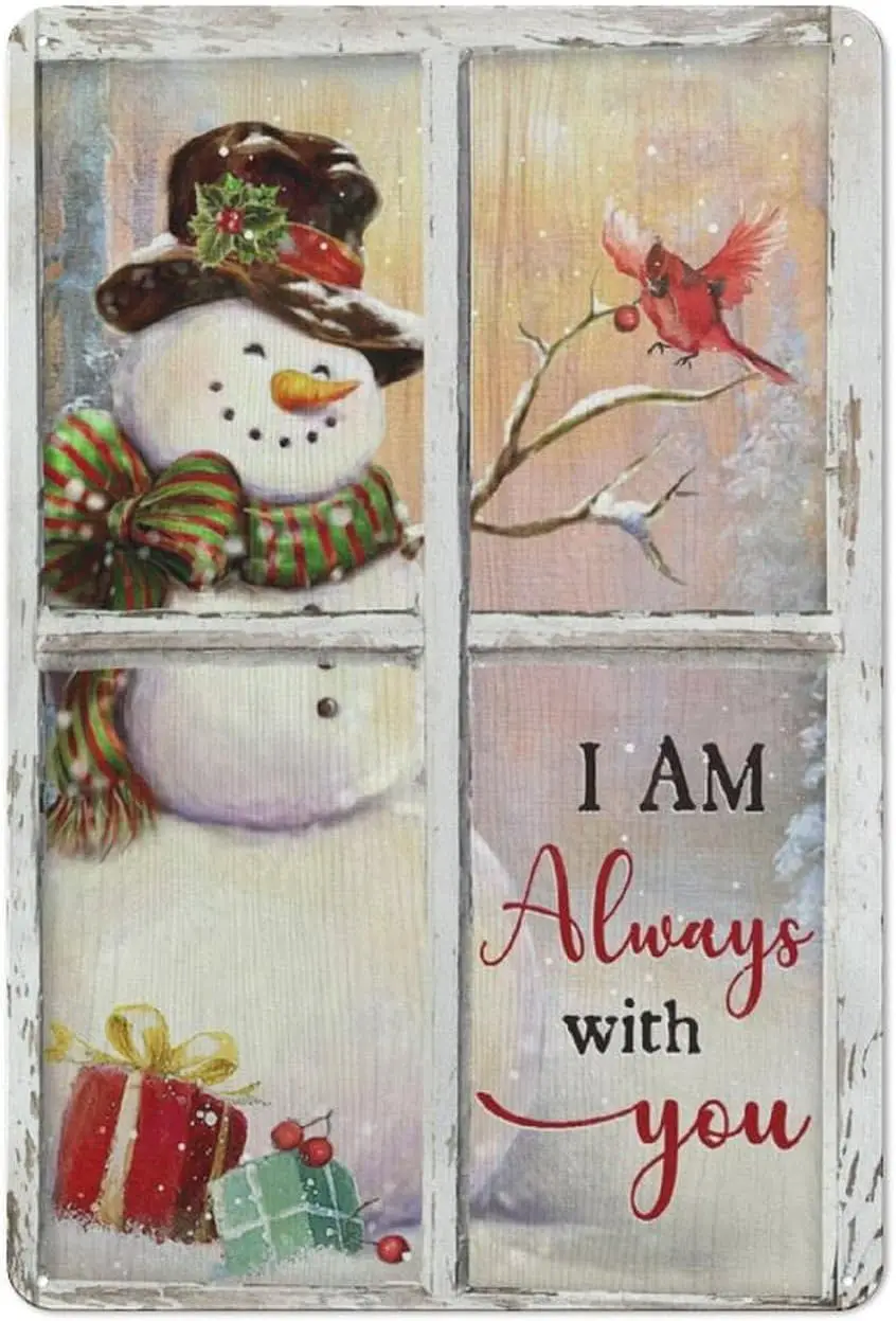 Rustic Metal Tin Sign Christmas Wall Art Painting Snowman Cardinal I Am Always with You, Heaven Landscape Picture Christmas Deco