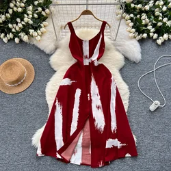 2024 New Summer Print Sweet Dress Straps O Neck Backless Split Elegant Ladies Vacation Beach Party Midi Sundress