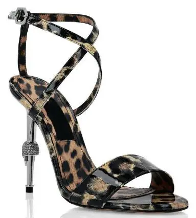 

Sexy Women Leopard Patent Leather Open Toe One Line Cross Strap Ankle Buckle Skull Thin Heels Summer Sandals Female Party Shoes