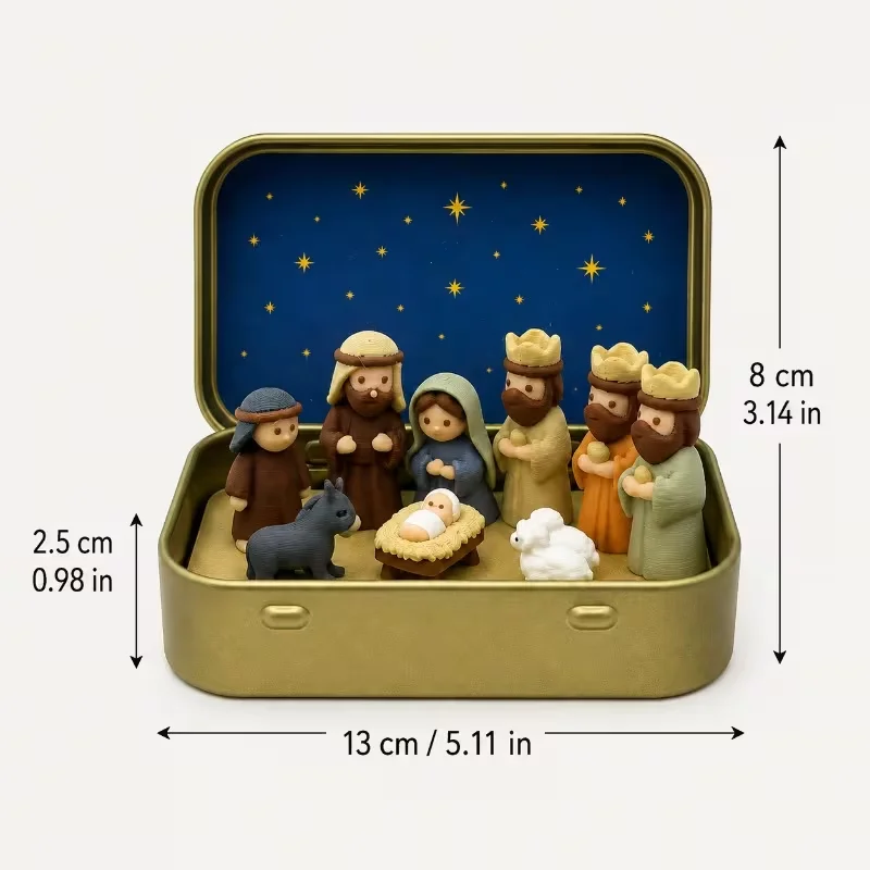 Pocket-sized Nativity scene small statue, metal box, mini portable religious desktop decoration and Christmas Christian keepsake
