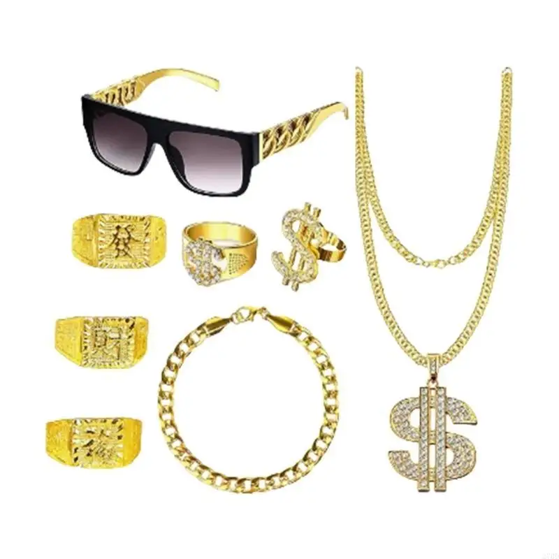 270D Hip-Hop-Kostüm-Set, 80er-90er-Jahre, Cosplay-Outfit, Schmuck, cooles Rapper-Zubehör für Damen und Herren, Goldkette, Ringe