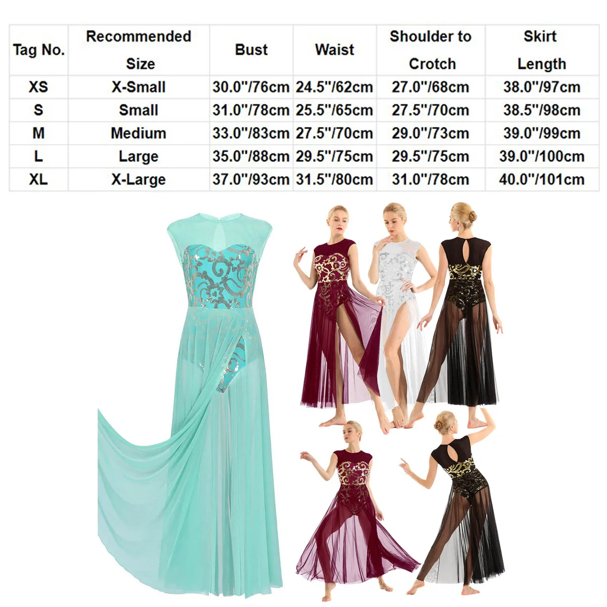 Women Ballet Dance Leotards Maxi Long Dress Sequins Asymmetrical Chiffon Gymnastics Leotard Contemporary Lyrical Dance Costume