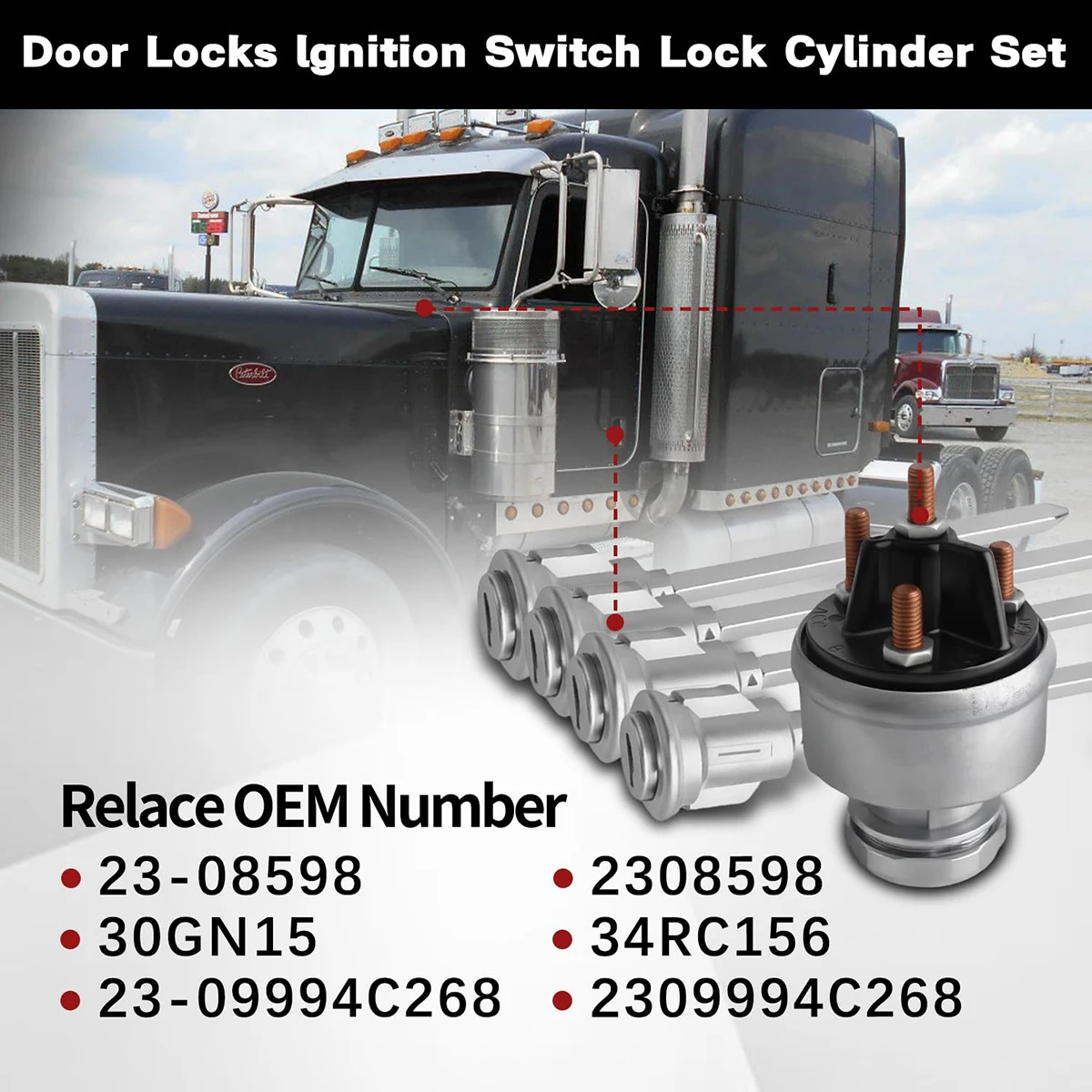 Kit de montagem de interruptor de ignição com cilindro de fechadura de 4 portas e 4 chaves para Peterbilt 379 377 359 378 349 385 362 23-08598 23-09994C268
