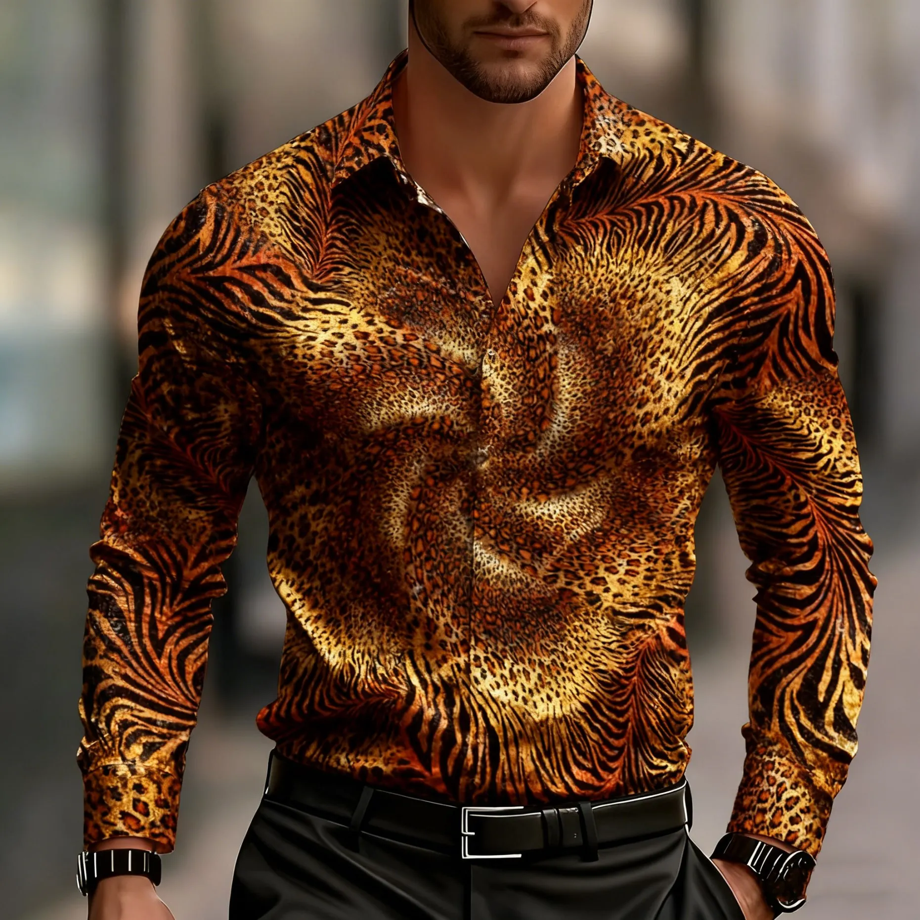 

Мужская рубашка с длинными рукавами с леопардовым принтом, повседневная рубашка на пуговицах, подходит для повседневной офисной одежды, свиданий, путешествий и т. д.