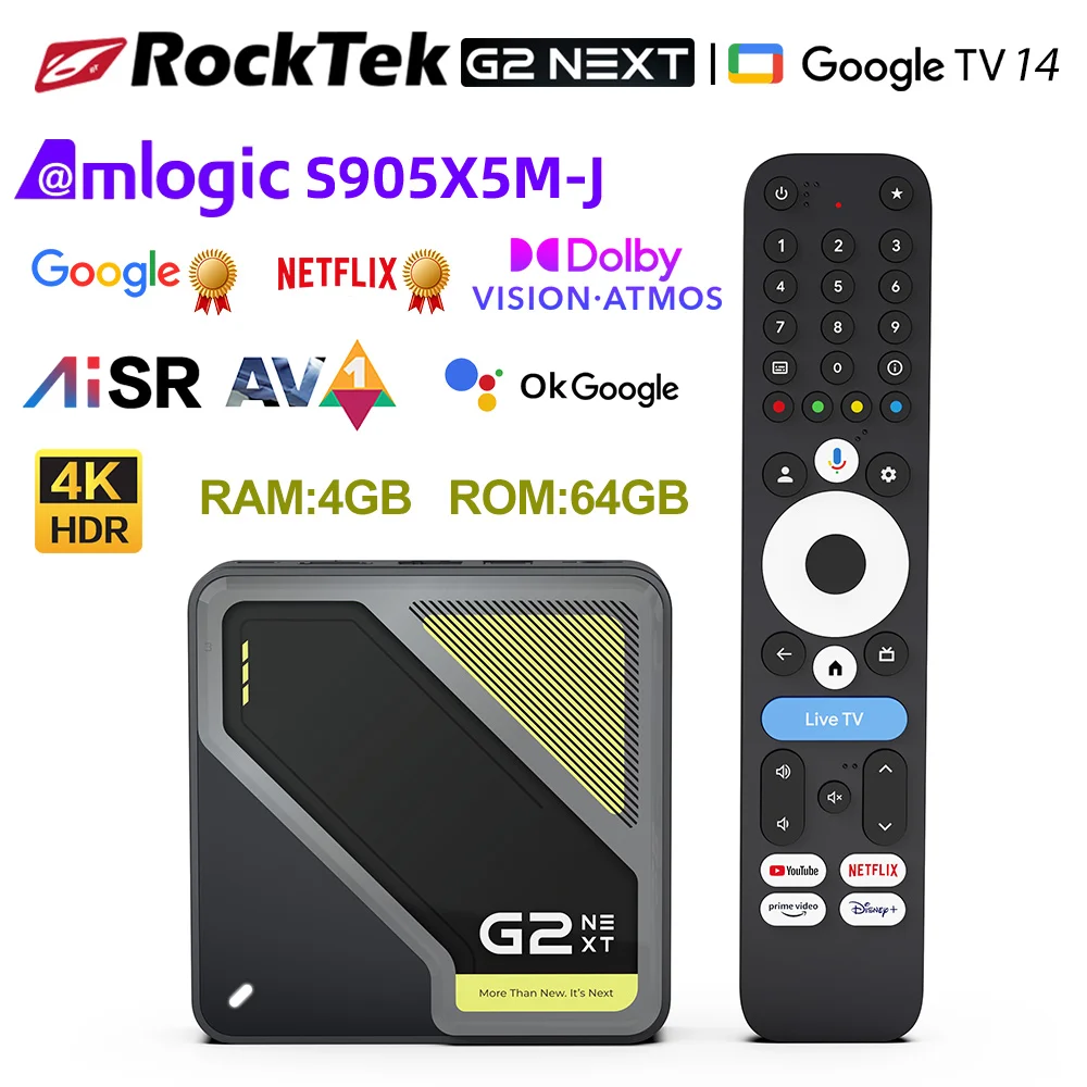 RockTek G2 NEXT S905X5M-J Google TV BOX Netflix Google Certified G2 Amlogic S905X4-K 4G 64G Support DTS Dolby Audio Dolby Vision