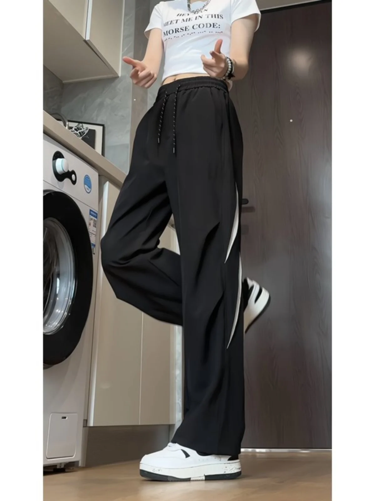 

American Vibe Summer Thin Ice Silk Wide Leg Pants High Waist Drape Straight Casual Trousers Splice Netting Men's Loose Fit