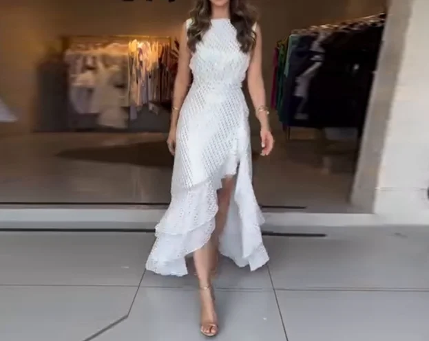 

Luxury Evening Dress 2025 O-Neck Sleeveless Irregular Pleated Slit Dress for Women's Print Elegant Trend High Waist Slit Dress