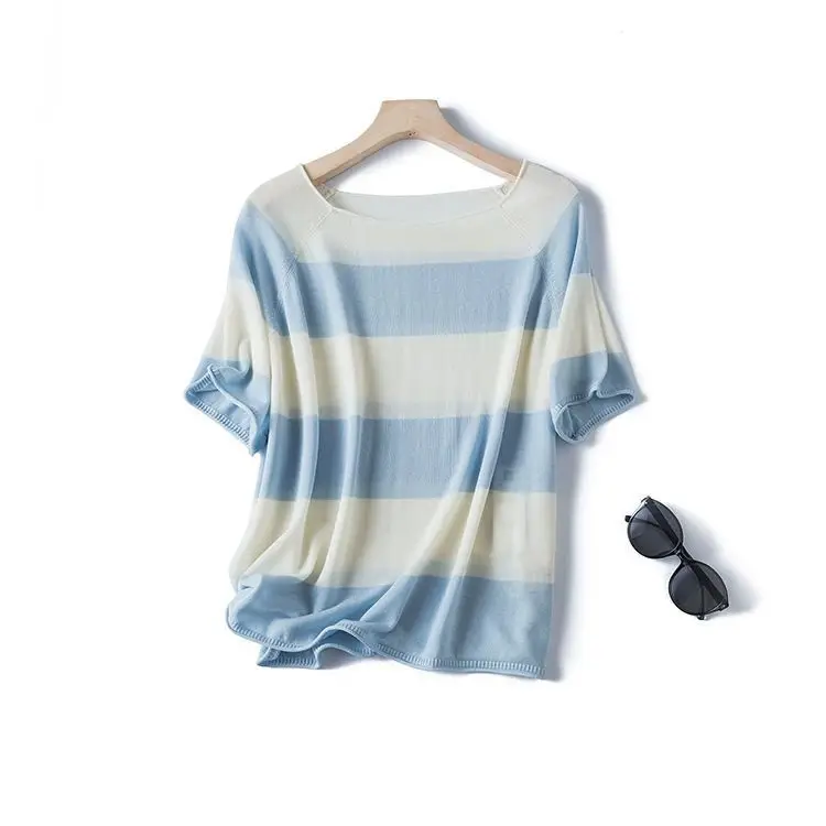 Dave&Di Elegant Temperament Thin And Slightly Transparent Striped Square Neck Short Sleeved Knitted T-shirt For Women