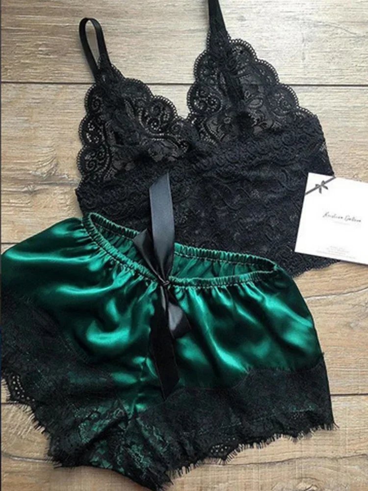 Conjunto de 2 Piezas de Pijamas para Mujer, Ropa de Dormir Sexy, Lencería de Encaje y Seda, Top Corto y Pantalones Cortos, Ropa de Dormir Informal