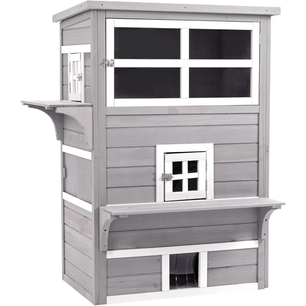 

3-Story Cat House Feral Cat Shelter, Outdoor Kitten Condo with Raised Floor, Asphalt Roof, Escape Doors, Jumping Platforms, Gra