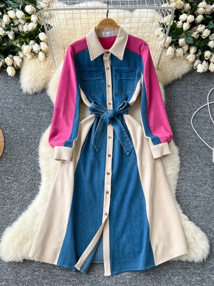 

Women Vintage Street Dress Autumn Long Sleeve Lapel Single Breasted Denim Patchwork High Waist Slim A-line Shirt Dress for Women