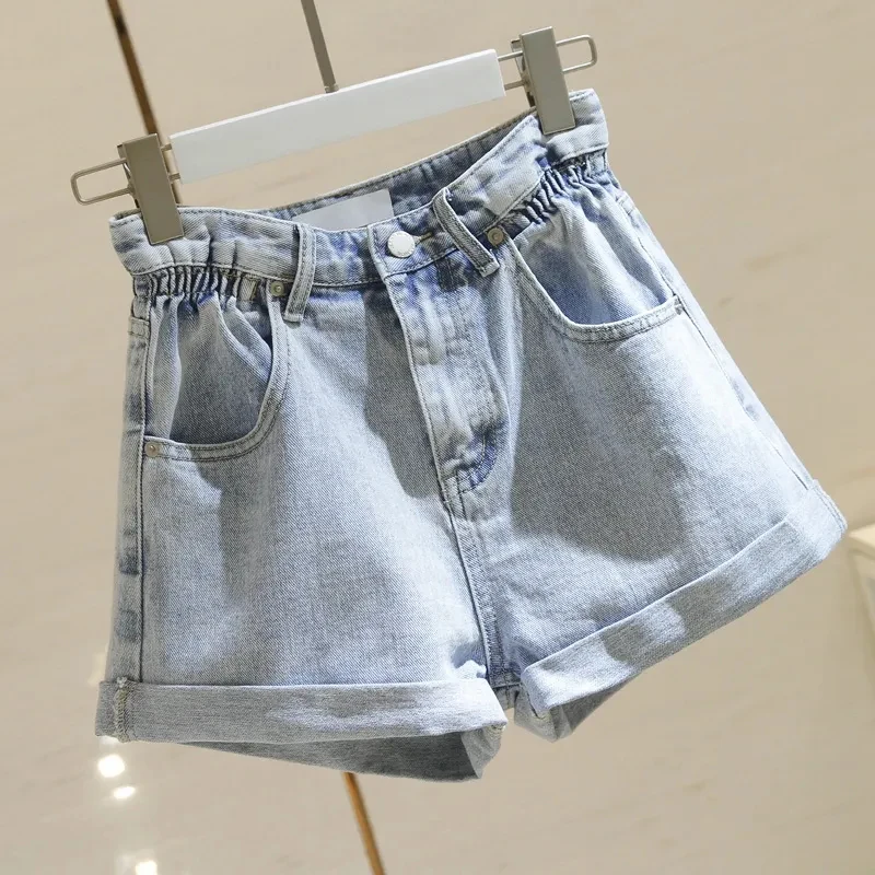 Light Blue Skinny Denim Shorts Women Korean Fashion Slim High Waisted Rolled Basic Shorts Loose Pretty Style Pocket Female Pants