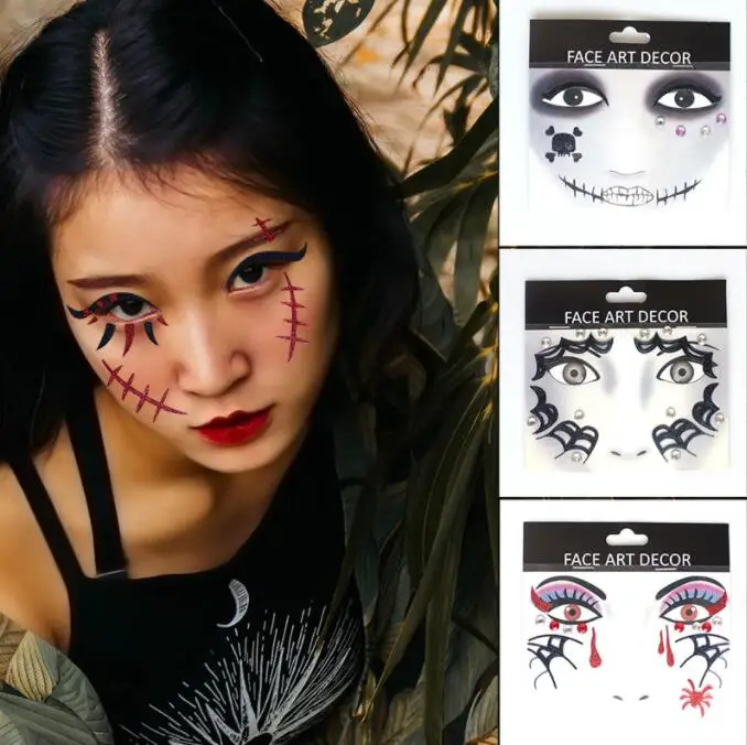 الوشم على الوجه 666 ماكياج والعنكبوت الإرهاب وقناع الندبات تصميم وهمية المؤقتة للماء الوشم ملصق