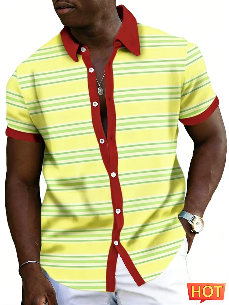 

Simple Fashion Mens Striped Shirts Summer Casual Short Sleeve 3D Printed Lapel Button Shirt Loose Breathable Daily Wear Blouse