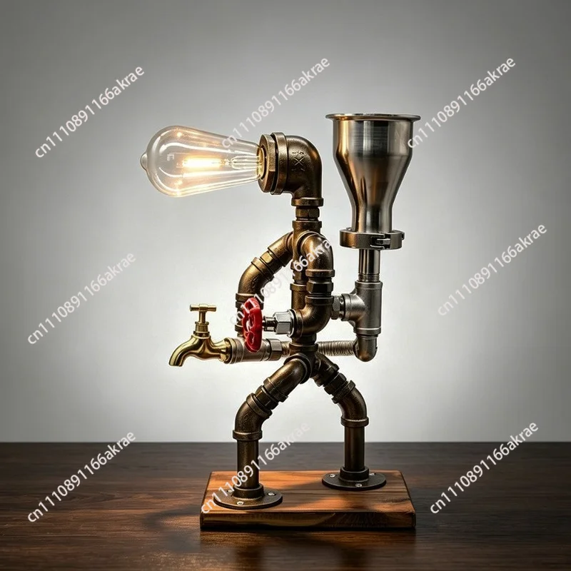 Creative retro lighting water pipe robot industrial iron pipe table lamp gift coffee bar decoration ornament wine dispenser