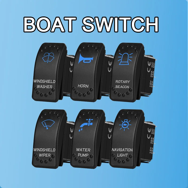 Waterproof Boat Switch 12V 24V Blue White Lights Rocker Switch 5Pin Contact for Master Light Inverter Water Pump Horn