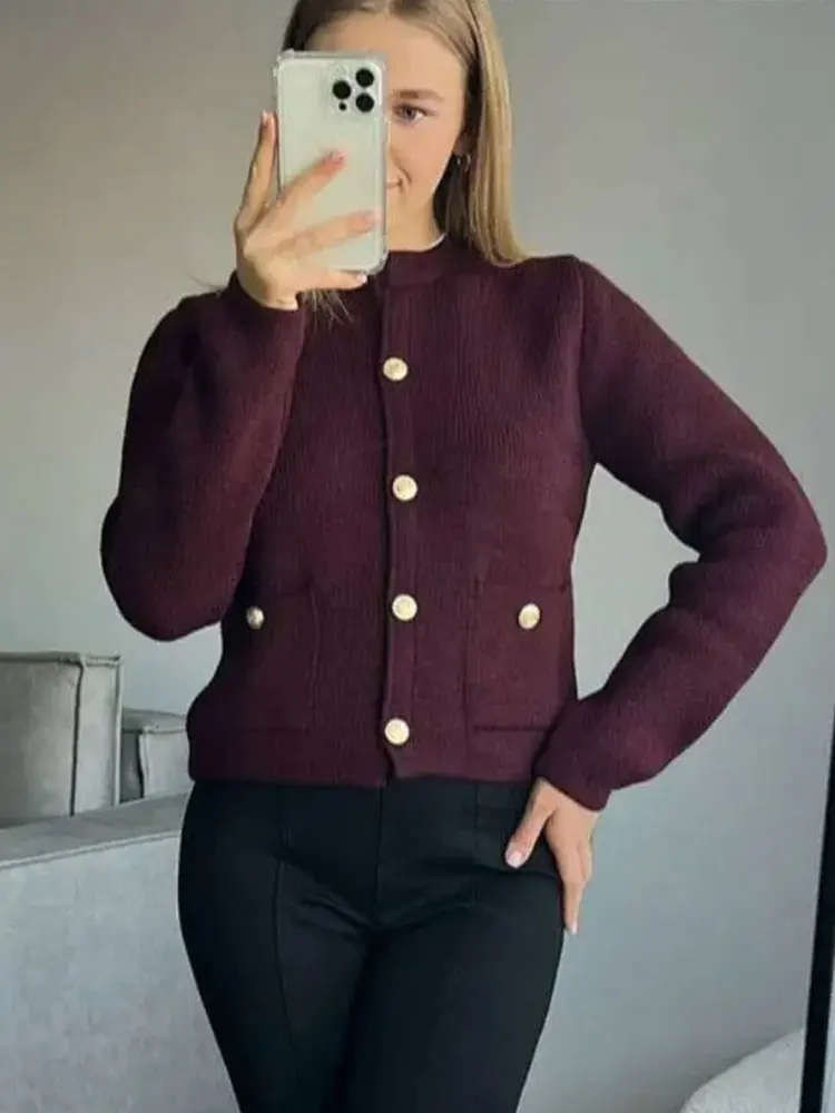 HH Women\'s Winter Slim Short Knitted Cardigan Jacket Retro Round Neck Gold Breasted Decoration Elegant Women\'s Casual Jacket