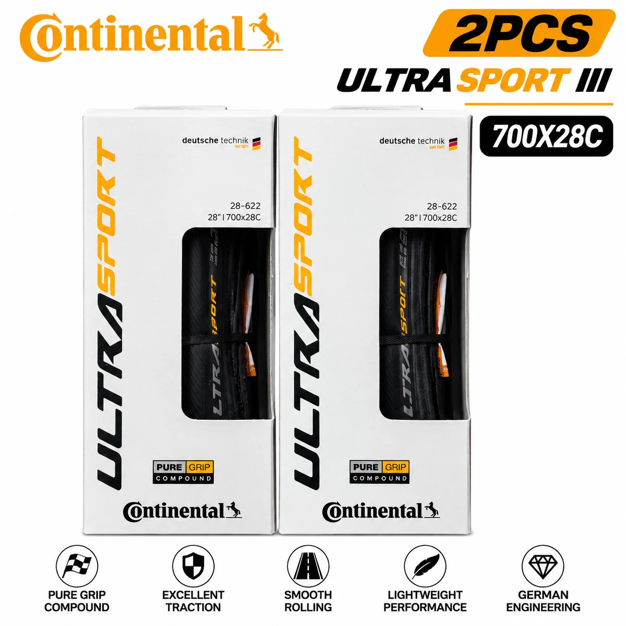 2 Stück Continental Ultra Sport III 700x23/25/28c Schwarzer Faltbarer PureGrip 3 Rennrad-Reifen Faltreifen – Detail 12