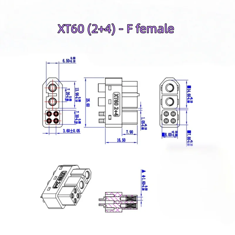 2+4 XT60 with Signal Pin Model Aircraft High Current Lithium Battery Plug Male Female 6pin Welding Wire Connector with sheath