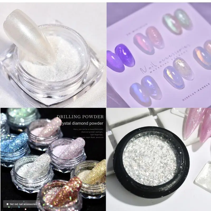 White Chrome Pearl Mirror Mermaid Aurora Powder Nail Shimmer Glitter Pink White Gold Silver Pigment Nail Art Design Wedding