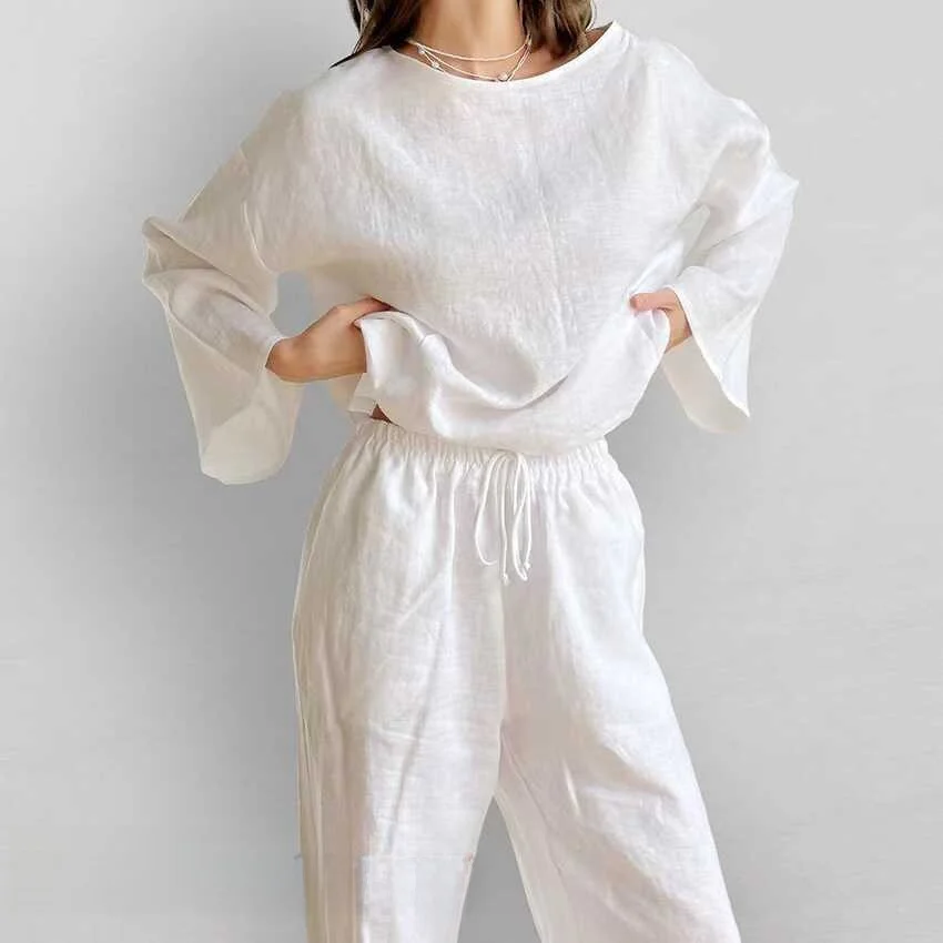 

New Loose Long Sve Top And Pants Set Home Clothes Comfortable Breathable Summer Thin Material round Ne Casual Scene