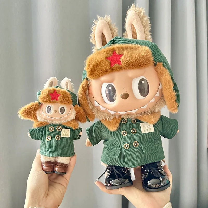 17cm Plush Doll's Clothes The Monster Labubu Outfit Accessories Clothing DIY Lei Feng Army Green Coat Red Star Hat YD02E