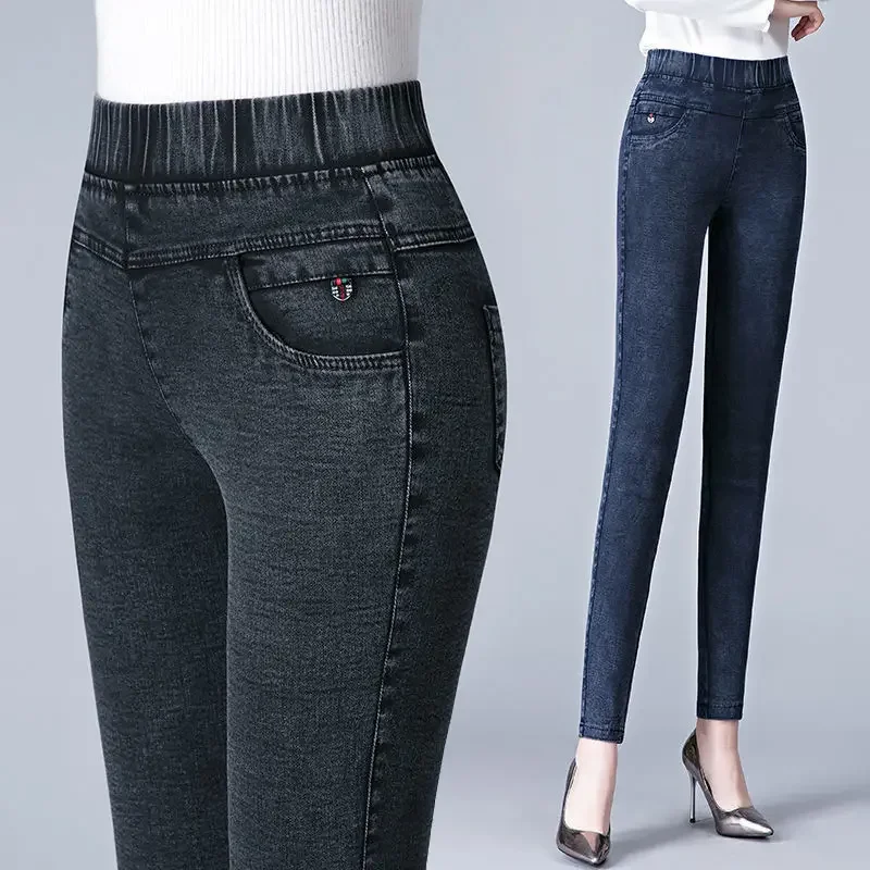 

Streetwear Fashion Women Skinny Jeans Spring Autumn Elastic Band High Waist Pencil Pants Denim Breathable Black Casual Trousers