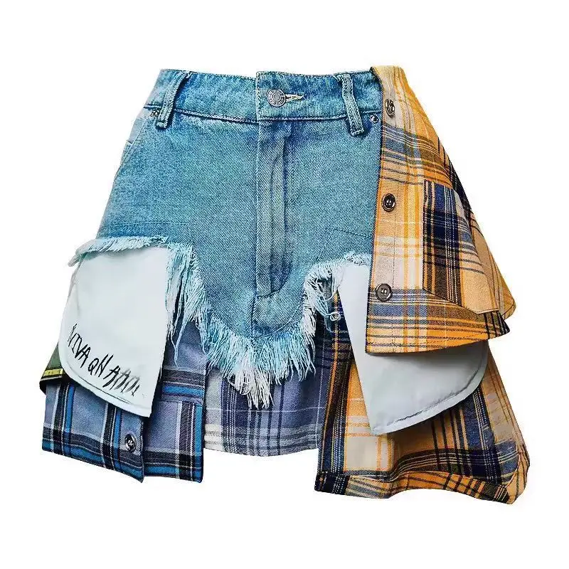 European And American Spice Girls High Waist Skirt 2024 Summer New Women Denim Skirts Colored Plaid Patchwork Irregular Clothing