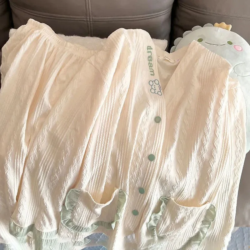 Spring and Autumn Pure Cotton Pajamas Women  Long Sleeve Home Suit Set Cute Cartoon Embroidery Sweet Girl Can Be Worn Sleepwear