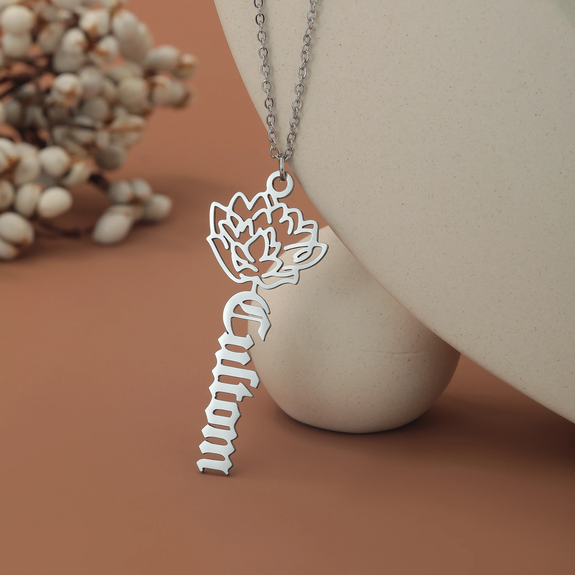 Customized Name Necklace Elegant Lotus Flower Pendant Stainless Steel Women Jewelry Birthday Gift