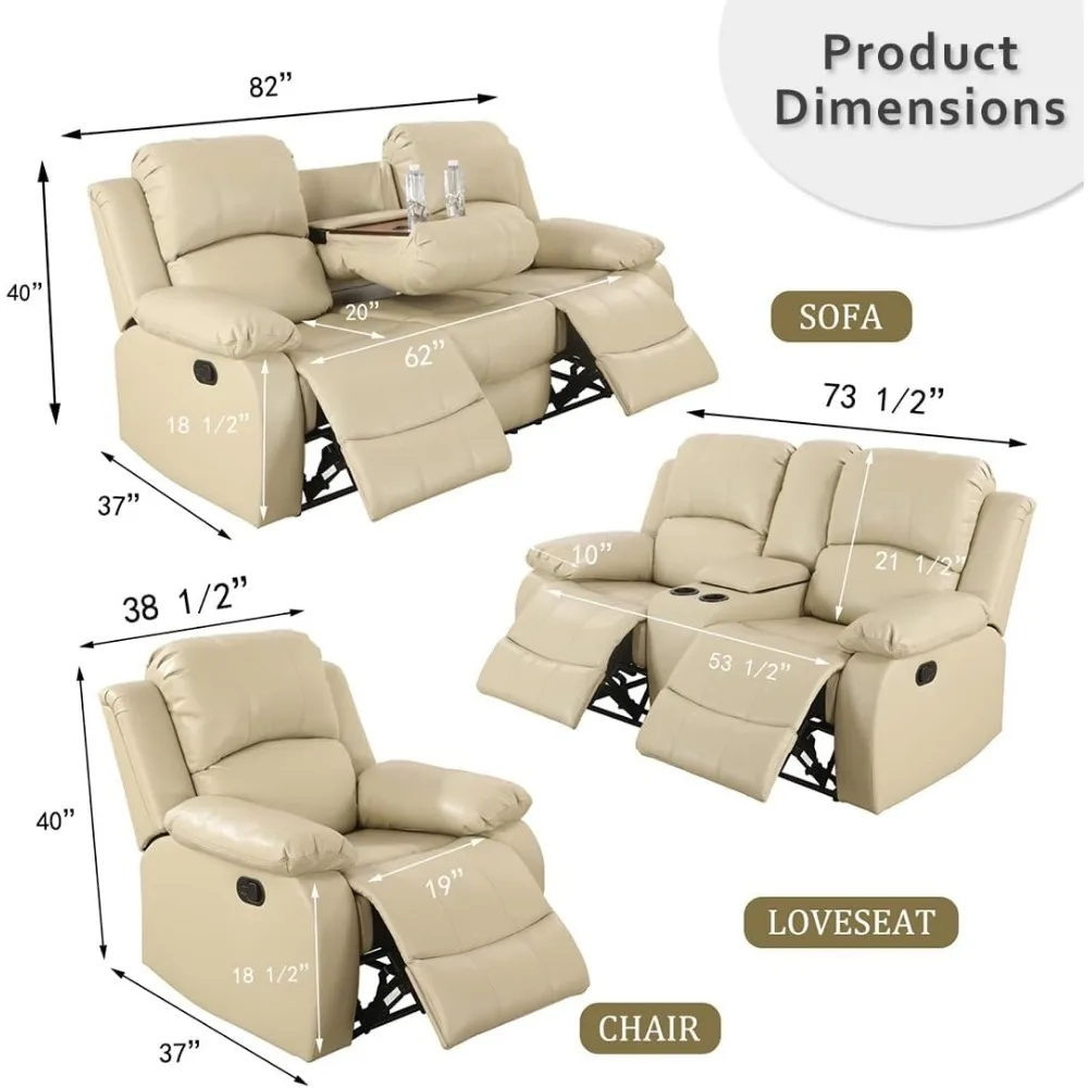 Juego de sofás reclinables beige, sofá reclinable manual, juegos de muebles para sala de estar, sofás reclinables de cuero regenerado (Beige, juego de 3 piezas)