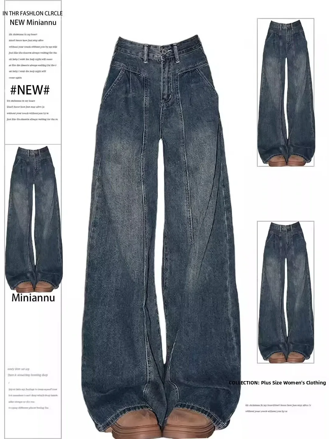 Retro American Style High Waist Straight Leg Jeans Women's plus Size Pear Shape Body Slimming Wide Leg Pants