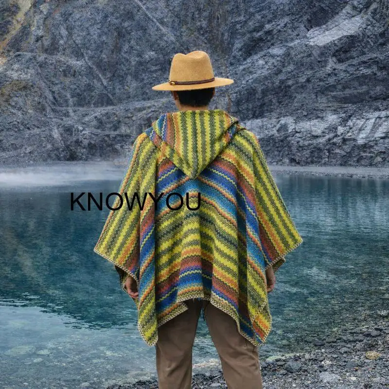 

Красочные полосатые накидки с капюшоном для мужчин, свободные куртки, теплая верхняя одежда, шали и палантины из искусственного кашемира для женщин, пашминовые эшарпы