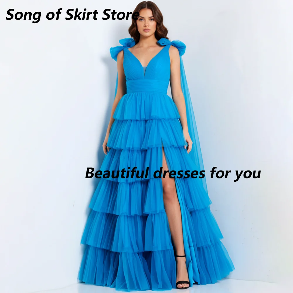 Customized Blue Tulle Mother Of The Bride Gown Deep V Bow Cape Sleeve Multi Tier Ruffle High Slit A Line Wedding Evening Dress