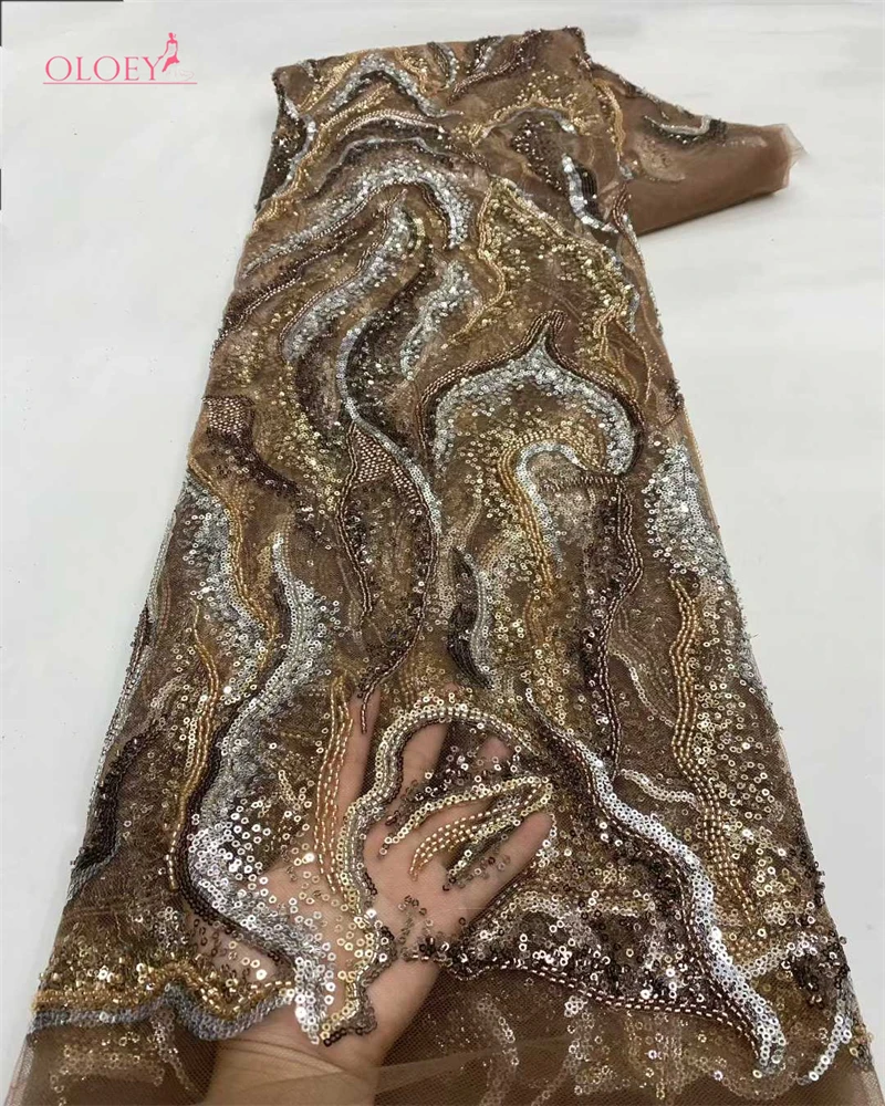 

OLOEY Luxury African Beaded Sequin Lace Fabric 2026 Luxury French Nigerian Mesh Tulle Lace Fabric for Bridal Wedding Dresses