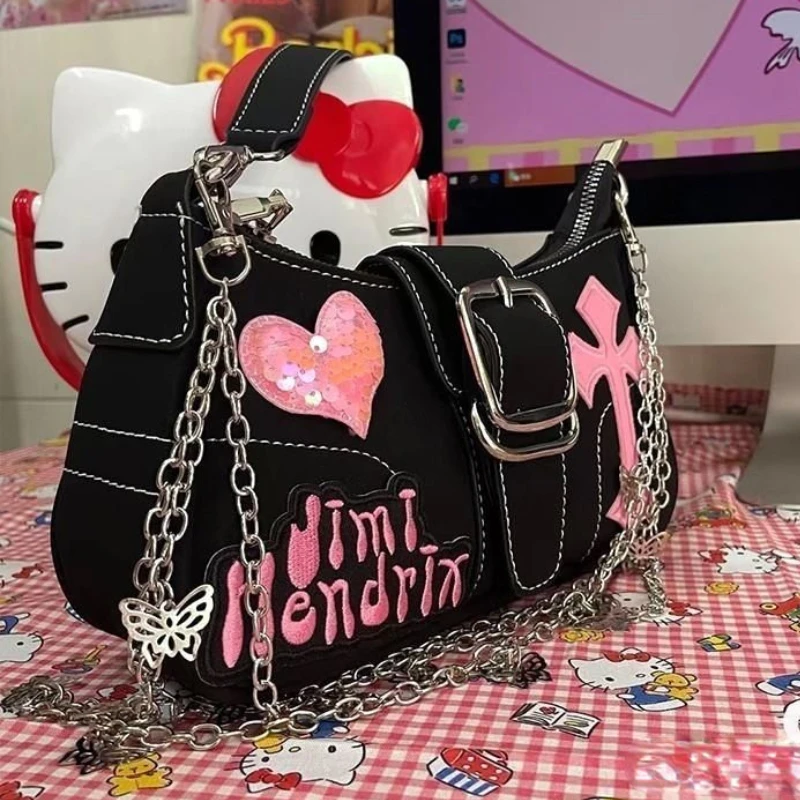 Y2k-Bolso de hombro pequeño para mujer, bandolera con cadena de mariposa, con letras de amor, a la moda