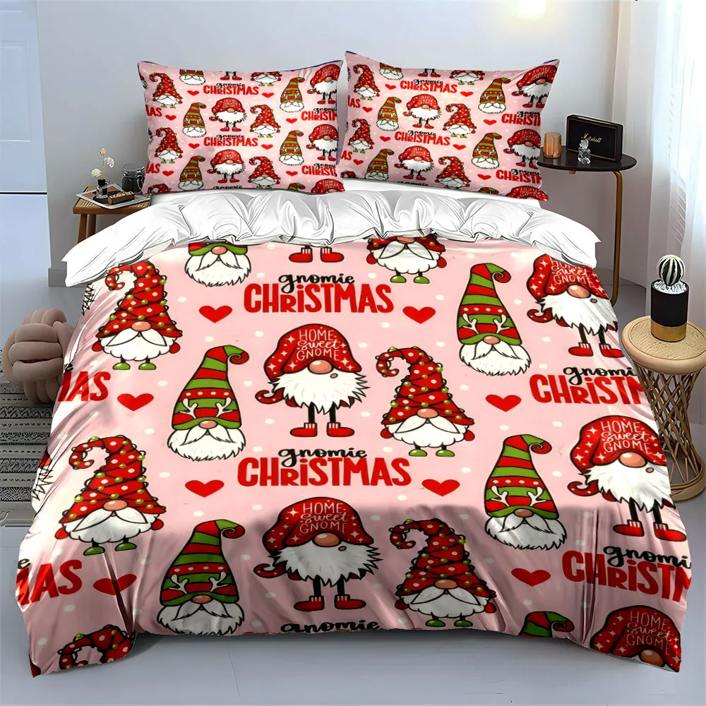 Festive Christmas Gnomes with Hearts and Decorations Print Duvet Cover Bedding Set Included 1*Duvet Cover 2*Pillowcases