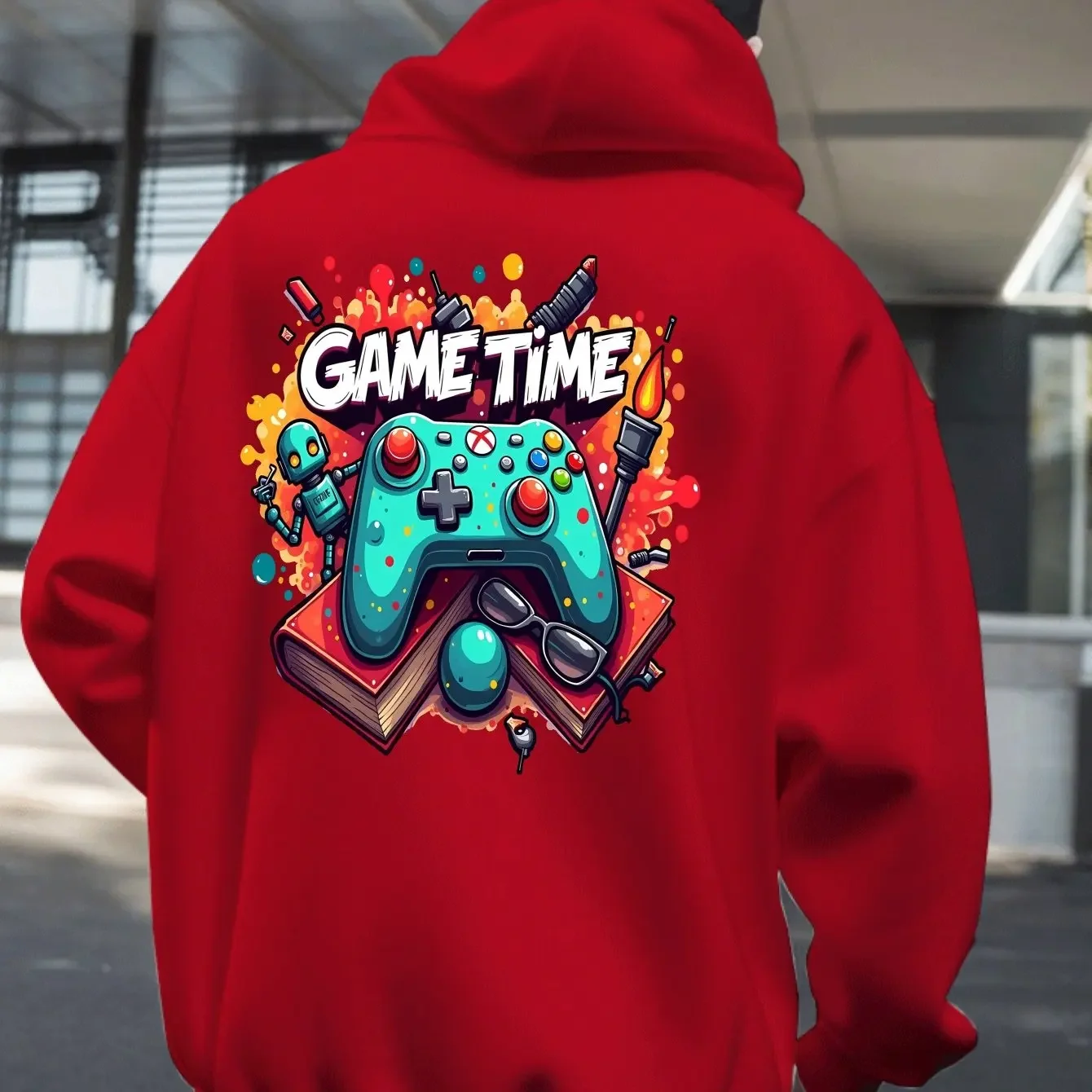 Retro Gaming Controller Graffiti Graphic Hoodie Game Time Slogan Back Print Pullover Sweatshirt Loose Unisex Autumn Winter
