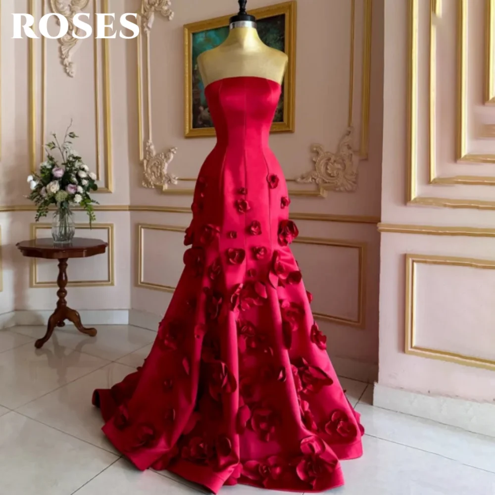 

ROSES Red Glamorous Party Dress Strapless Trumpet Evening Dress with 3D-Flowers Prom Dress فساتين السهرة Customized