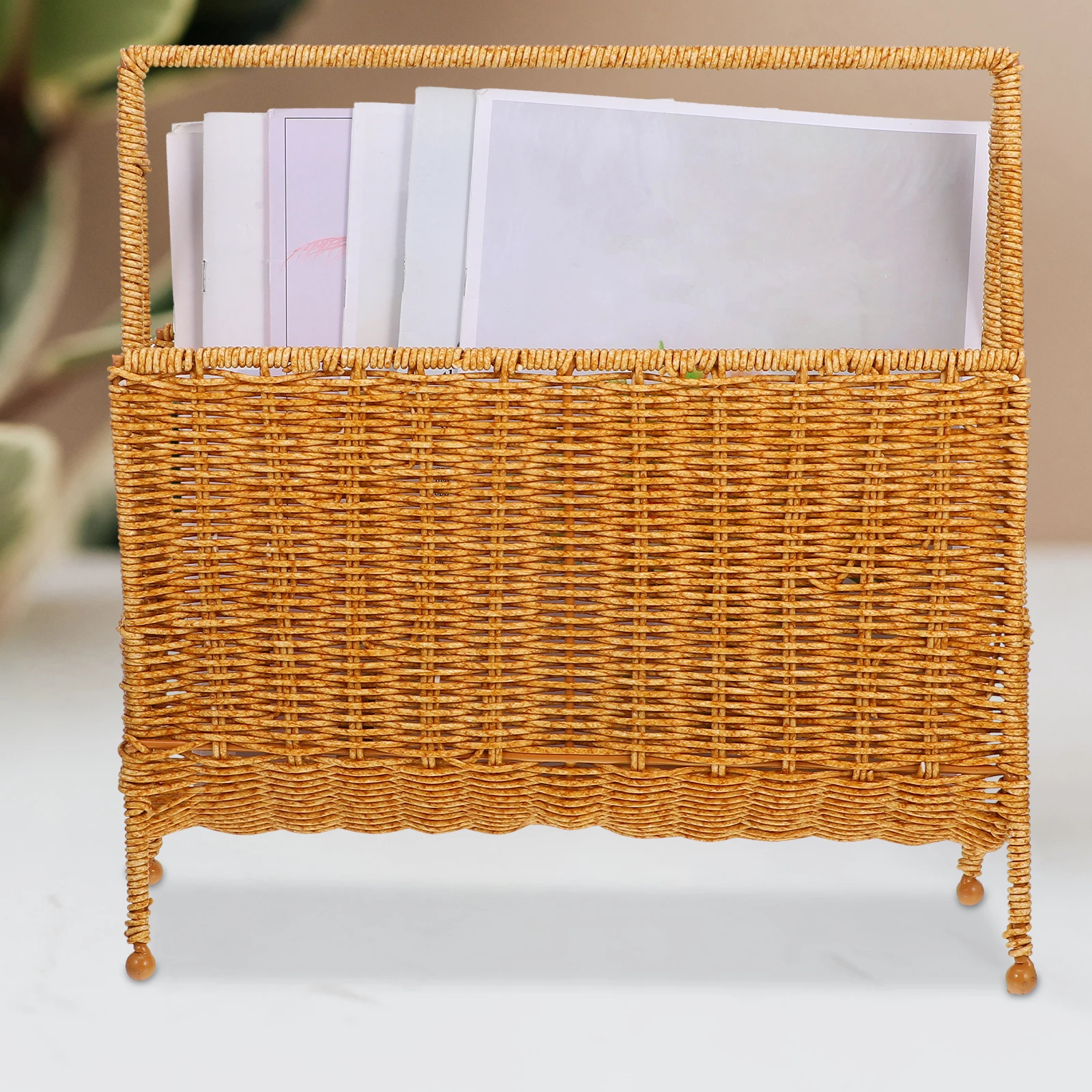 

1pcs Woven Storage Basket Imitation Rattan Book Organizer Large Capacity Magazine Rack For Home Bathroom Snack Sundries Holder