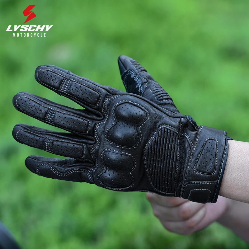 

LYSCHY Motorcycle Leather Gloves Soft Goat Skin Full Finger Gloves Drop-proof Touch Screen Four Season Universal Off-Road Glove
